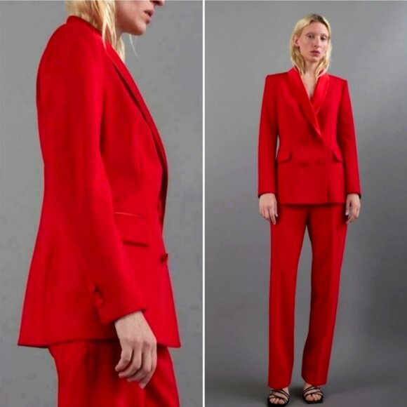 ZARA Red Tuxedo Blazer Satin Collar Jacket Sz M Double Breasted Party 7906/783 - Picture 1 of 10